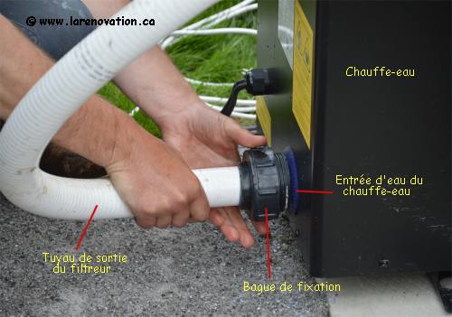 Photo de l'installation du tuyau entre le filtreur et le chauffe-eau