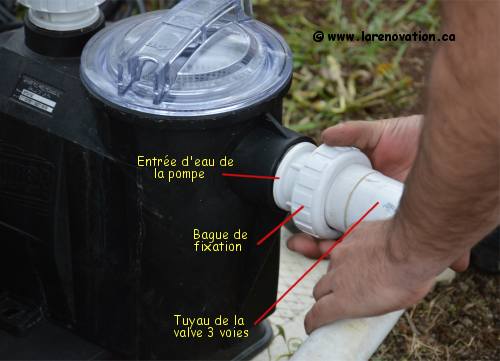 Photo de l'installation du tuyau de la valve 3 voies sur la pompe